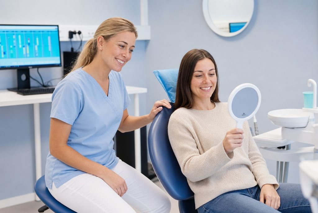 Tandsköterska och patient som ser sitt leende i spegeln hos Älvsjö Tandvård